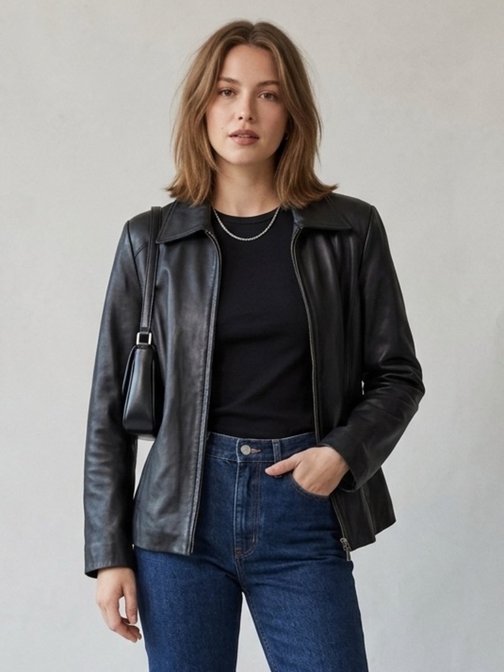 Vintage Worthington Black Genuine Lambskin Leather Zip Up Jacket- Medium